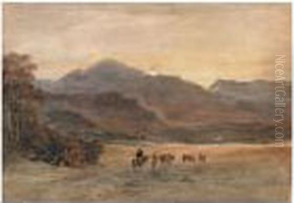 Ullswater; Cattle In A Hillside Meadow Oil Painting by David Cox