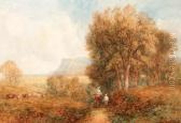 Figures And A Horse In An 
Extensive Landscape With A View Of Achurch Beyond; And Figures On A Lane
 With Cattle Grazingbeyond Oil Painting by David Cox