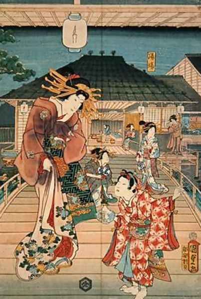 Scene in a Brothel Oil Painting by Utagawa Kunisada II