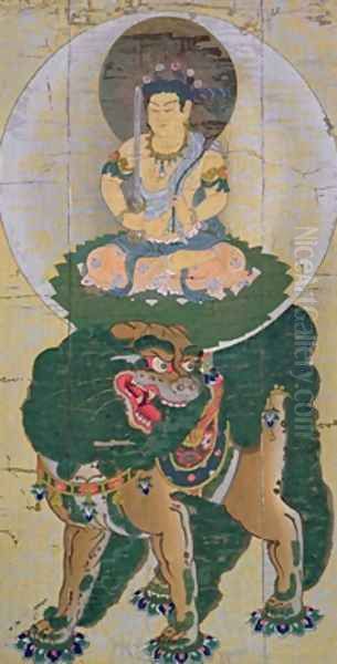 The Bodhisattva Manjushri riding on a lion breathing vapour Oil Painting by Kose-no-Hirotaka