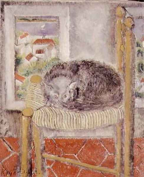 Cat on a rush chair Oil Painting by Sei Koyanagui