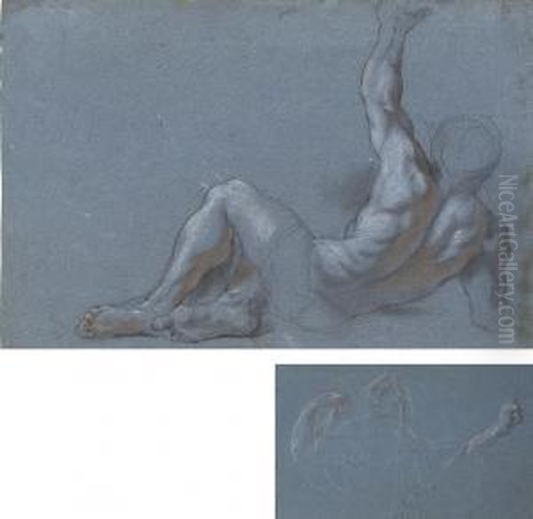 A Reclining Male Nude, His Left Arm Raised Oil Painting by Antoine Coypel