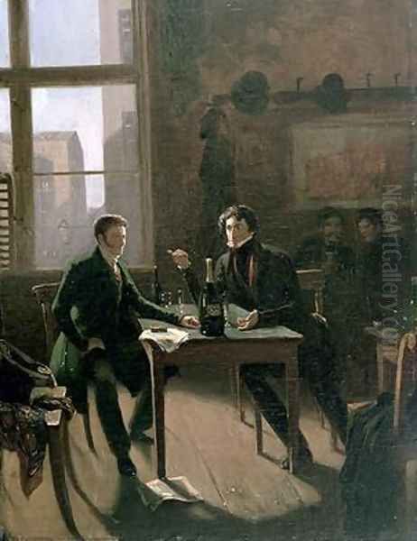 Ernest Theodor Wilhelm Hoffmann 1776-1822 and Ludwig Devrient 1784-1832 at Lutter and Wegner Berlin Oil Painting by Hermann Kramer