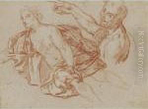 Recto: Studies Of A Nymph And A Satyr Oil Painting by Antoine Coypel