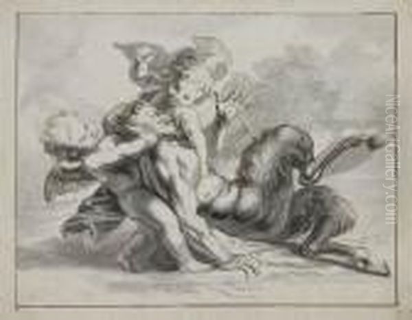 A Satyr Punished By Two Winged Amorettes Oil Painting by Antoine Coypel