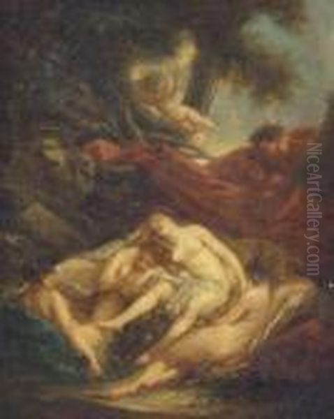 A Satyr And Sleeping Dryads In A Forest Oil Painting by Antoine Coypel