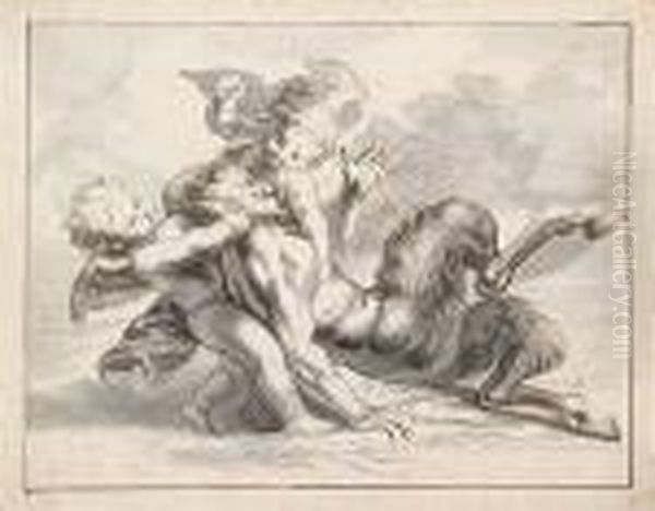 A Satyr Held Down And Punished By Two Wingedamorettes Oil Painting by Antoine Coypel