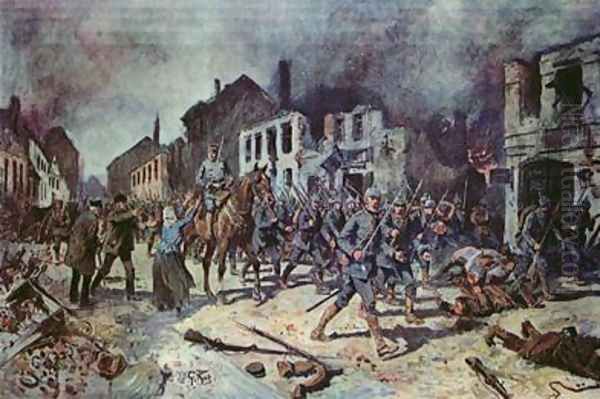 German troops entering the city of Ortelsburg during the battle of Tannenberg Oil Painting by Georg Koch