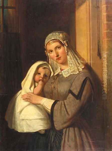 A woman in the regional costume of Gouda holding a child Oil Painting by Jan Adam Janszoon Kruseman