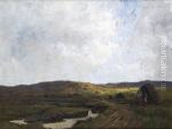 Donegal Bogland Scene With Figures Building Turf Stacks Oil Painting by James Humbert Craig