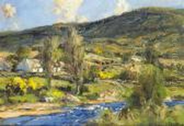 The River Dun With Gorse In Flower And Cottages Beyond Oil Painting by James Humbert Craig