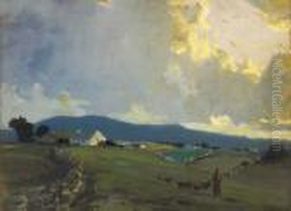 Landscape With Woman Herding A Flock Of Turkeys, Cottage Beyond Oil Painting by James Humbert Craig