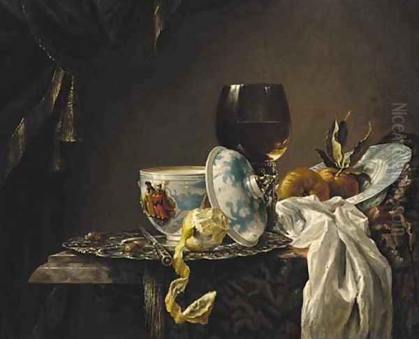 A still life of china, a goblet, fruit and a peeled lemon on a table Oil Painting by Willem Kalf