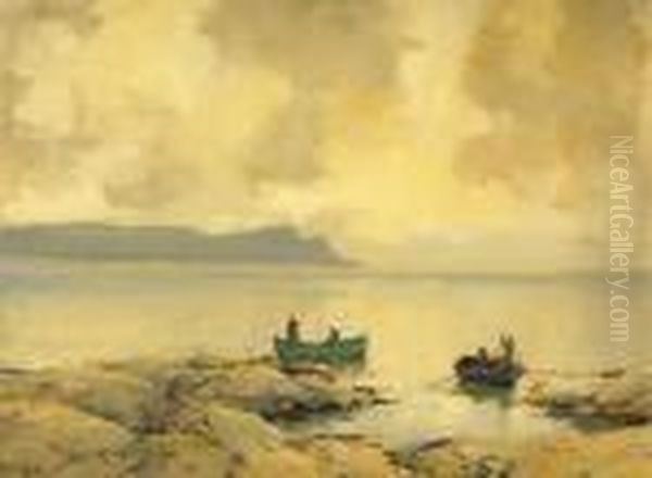 Herring Boats Off A Rocky Shore Oil Painting by James Humbert Craig