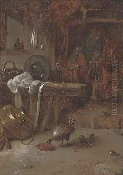 A kitchen interior with a couple by a fire, a hen and its chicks in the foreground Oil Painting by Willem Kalf