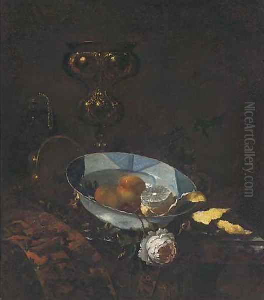 Fruit in a blue and white porcelain bowl by Willem Kalf