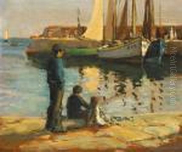 Children Fishing At The Harbour Oil Painting by James Humbert Craig