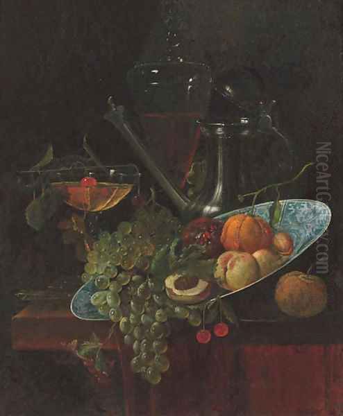 Fruit in a Kraak dish with a pewter ewer and two glasses on a partially draped table Oil Painting by Willem Kalf