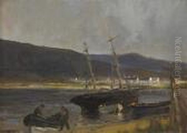 Rha Rua Boats At Waterfoot Bay,
 County Antrim Signed Lower Left Oil On Canvas Board 25 By 36cm., 10 By 
14in Oil Painting by James Humbert Craig