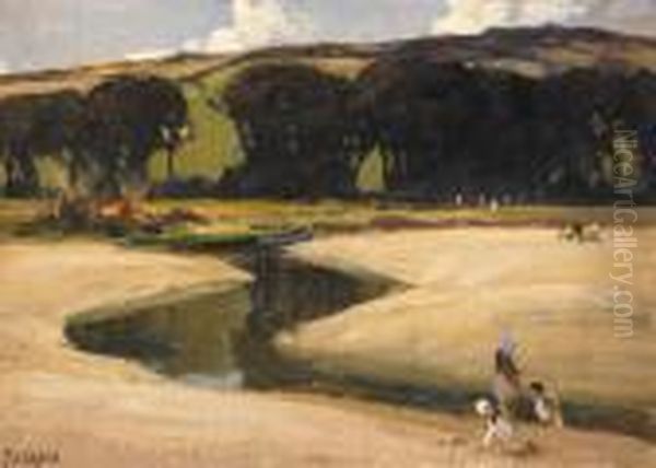 Rha Rua Children And Boats By 
An Estuary Signed Lower Left Oil On Rathbone Canvas Board 25 By 36cm., 
10 By 14in Oil Painting by James Humbert Craig