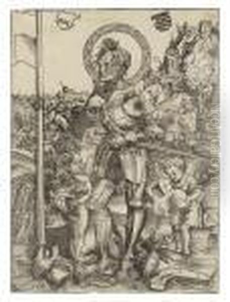 Saint George Standing, With Two Angels Oil Painting by Lucas The Elder Cranach