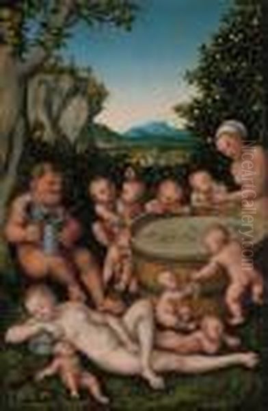 Bacchus At The Wine Vat Oil Painting by Lucas The Elder Cranach