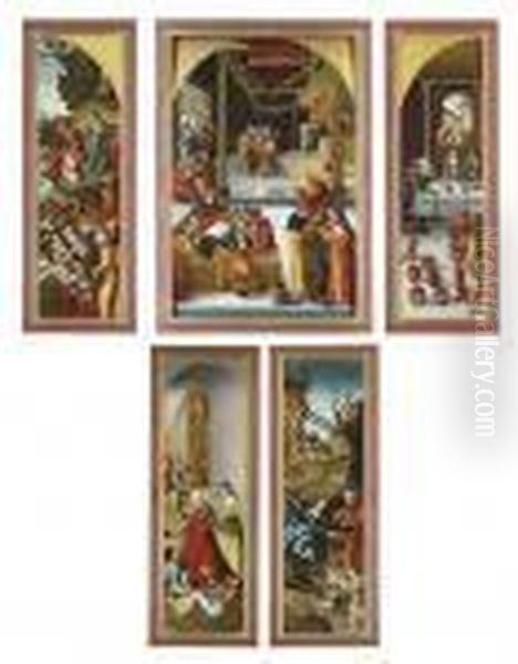 A Triptych: The Central Panel: 
Christ Among The Doctors; The Wings: The Multiplication Of The Loaves 
And Fishes; And The Marriage At Cana; The Outer Faces: Saint Elizabeth 
Of Thuringia Giving Alms; And The Nativity Oil Painting by Lucas The Elder Cranach