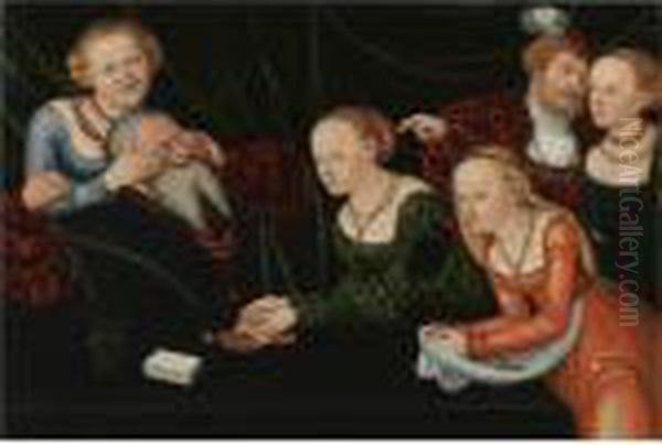 Old Man Beguiled By Courtesans Oil Painting by Lucas The Elder Cranach