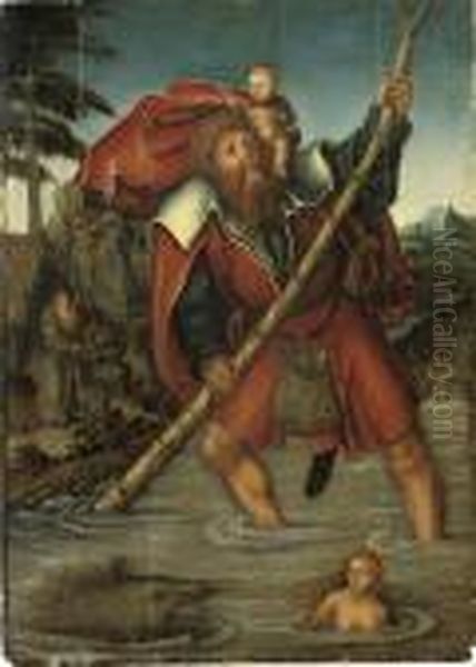 Saint Christopher With The Christ Child Crossing A Stream Oil Painting by Lucas The Elder Cranach