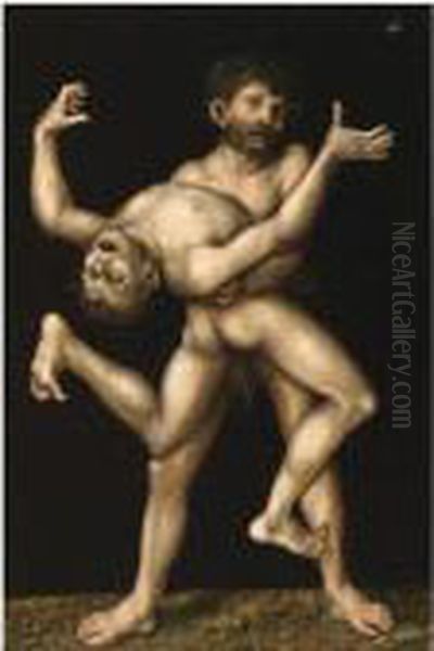 Hercules And Antaeus Oil Painting by Lucas The Elder Cranach