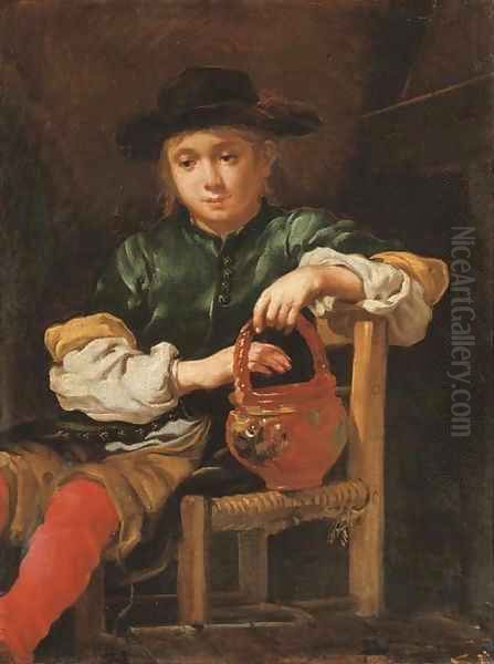 A boy seated holding a red pot with his left hand Oil Painting by Bernardo Keilhau