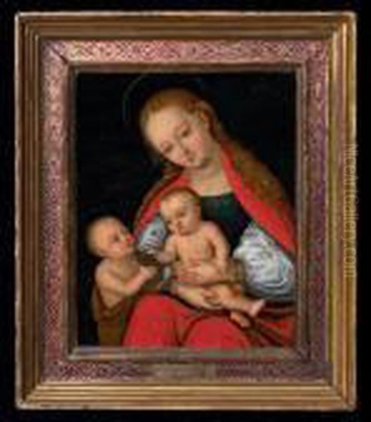 Lucas Cranach, Copy From: 
Madonna And The Baby. Signed Monogram. Oil On Plate. 23 X 18 Cm Oil Painting by Lucas The Elder Cranach