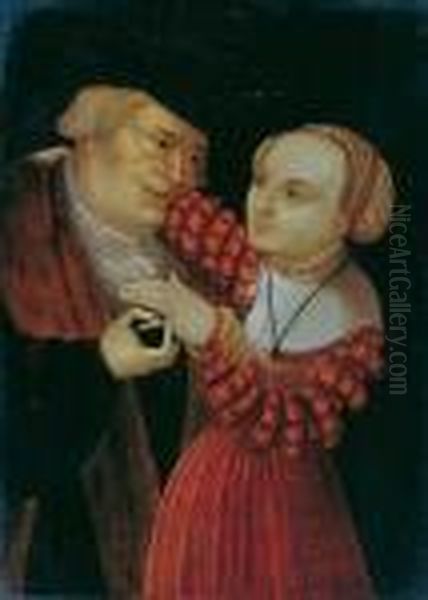 Che Liebespaar. Ol Auf Holz. H 
20; B 14,5 Cm. Verso Ein Rotes Sammlersiegel. Es Handelt Sich Um Eine 
Kopie Nach Dem Um 1530 Entstandenen Gemalde Cranachs In Der Seymour R. 
Thaler Collect Oil Painting by Lucas The Elder Cranach