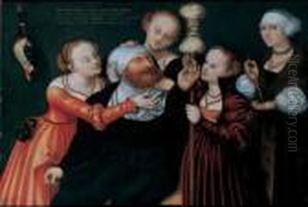 Herkules Und Omphale. Uber Den Figuren Eine Lateinische Inschrift. Oil Painting by Lucas The Elder Cranach