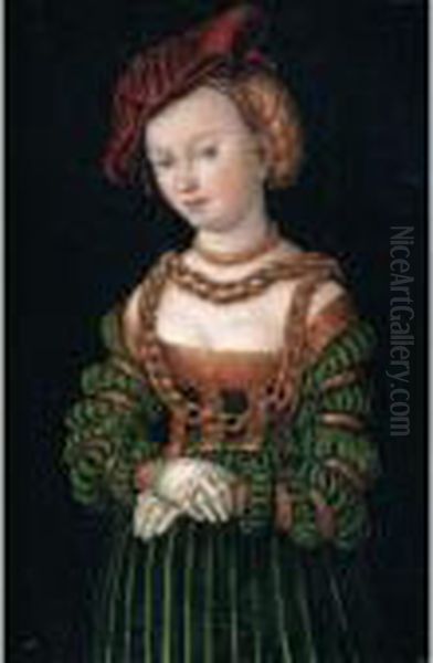 Portrait Of A Young Woman, 
Three-quarter Length, As A Court Beauty, Wearing A Red Cap And A Green 
Dress Trimmed With Gold, Her Decolletage Bedecked With Gold Chains Oil Painting by Lucas The Elder Cranach