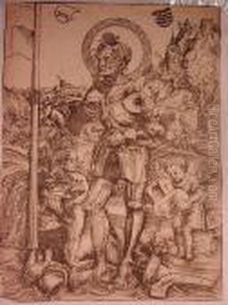 St. George Standing With Two Angels (bartsch 67) Oil Painting by Lucas The Elder Cranach