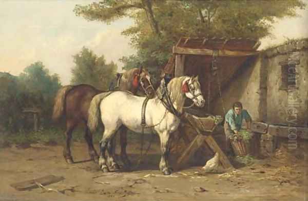 Feeding the horses Oil Painting by Jean Louis van Kuyck