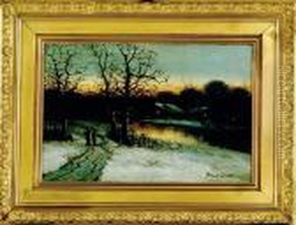 Snowy Landscape At Dusk Oil Painting by Bruce Crane