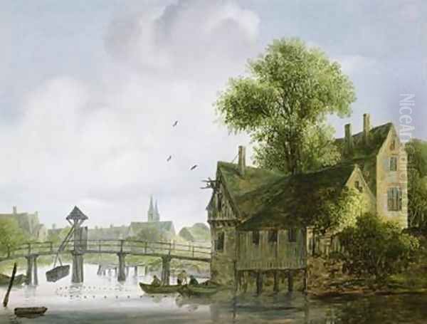 A Town on a river with a bridge Oil Painting by Wouter Kniff