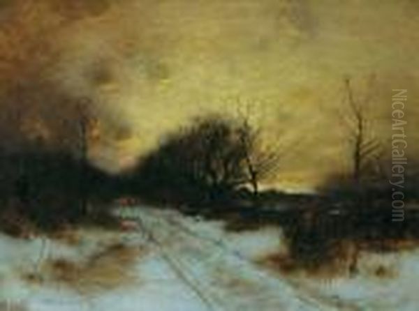 Snowy Landscape At Dusk Oil Painting by Bruce Crane