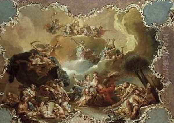 Modello for a ceiling decoration depicting Ceres with the fruits of the earth with Time overcoming Envy and Flora offering Flowers to Apollo Oil Painting by Martin Knoller