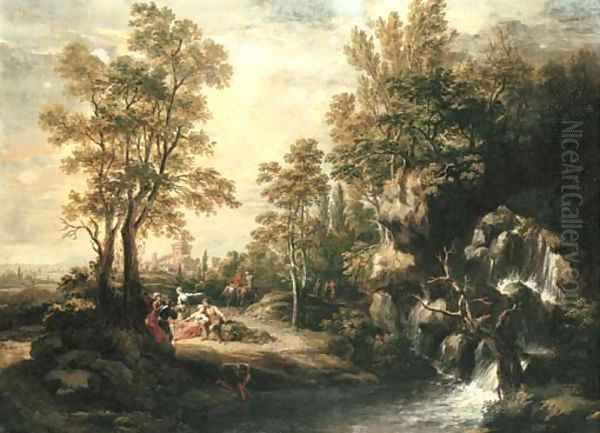 Peasants resting by a waterfall Oil Painting by Martin Knoller