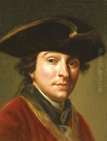 Portrait of the artist Anton von Maron (1733-1808), bust-length, in a red coat and black hat Oil Painting by Martin Knoller