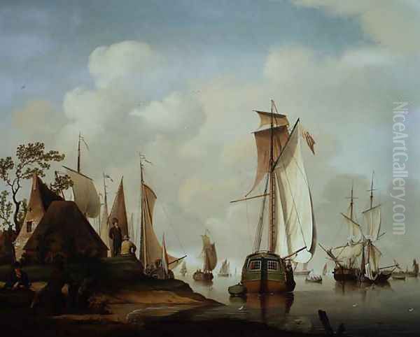 Yachts and other Boats at Anchor in an Estuary Oil Painting by David Kleyne