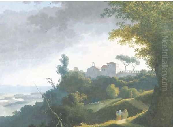 An extensive landscape with a monastery on a hilltop, peasants on a path on the foreground, the sea beyond Oil Painting by Joseph Augustus Knip