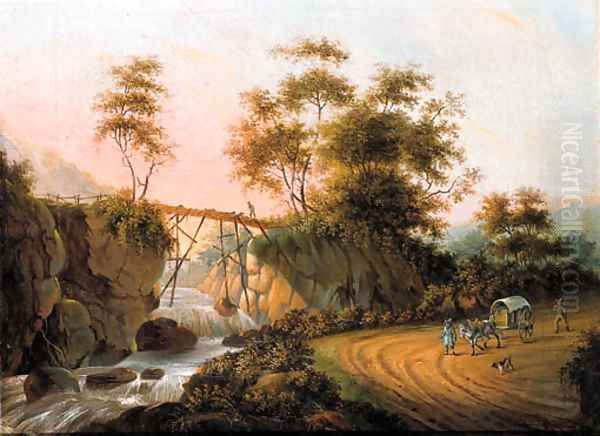 Peasants returning from a market on a road by a waterfall in an Italianate landscape Oil Painting by Joseph Augustus Knip