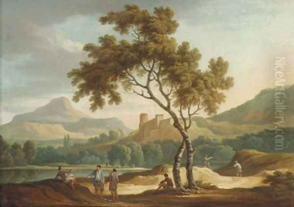 An Italianate river landscape with travellers conversing on a road Oil Painting by Joseph Augustus Knip