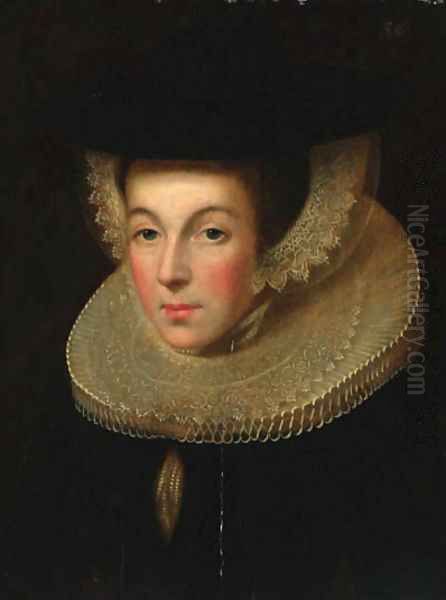 Portrait of a lady, bust-length, in a black dress with a ruff, wearing a black hat Oil Painting by Willem Adriaensz Key