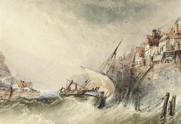 A Fishing Boat Running Into A Harbour In A Gale Oil Painting by Thomas Creswick