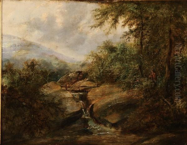 Figures Walking Near Stream Within Forest Clearing Oil Painting by Thomas Creswick